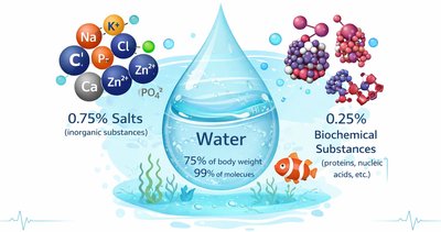 Pie chart: water, salts, biochemicals