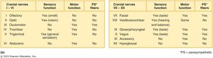 Summary table of cranial nerve functions