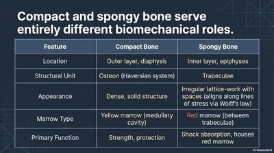 Table comparing compact and spongy bone