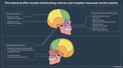 Lateral skull profile with labeled sutures and muscle attachments