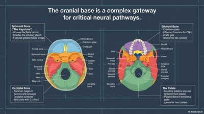 Cranial base with labeled foramina and bones