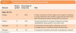 Table of major elements in the human body