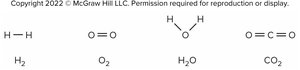 Structural and molecular formulas of H2, O2, H2O, CO2