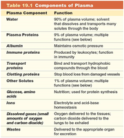 Table of plasma components and their functions