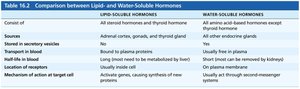 Table comparing lipid- and water-soluble hormones