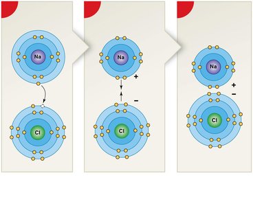 Formation of ionic bonds between sodium and chlorine