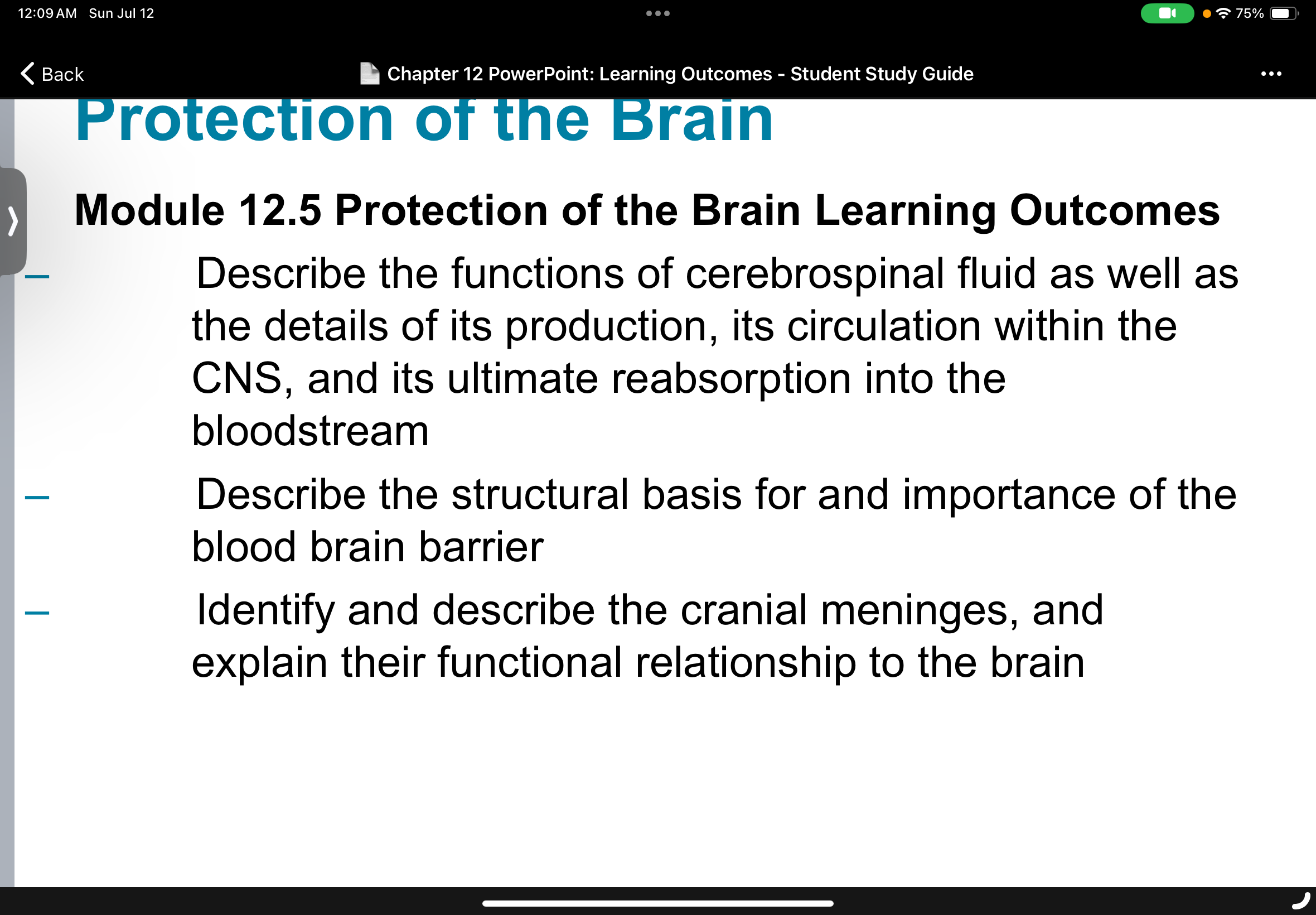 Protection of the Brain: Learning Outcomes slide