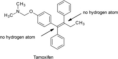 Tamoxifen structure showing lack of alkene oxidation due to absence of hydrogen