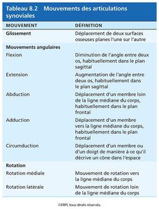 Tableau 8.2: Mouvements des articulations synoviales