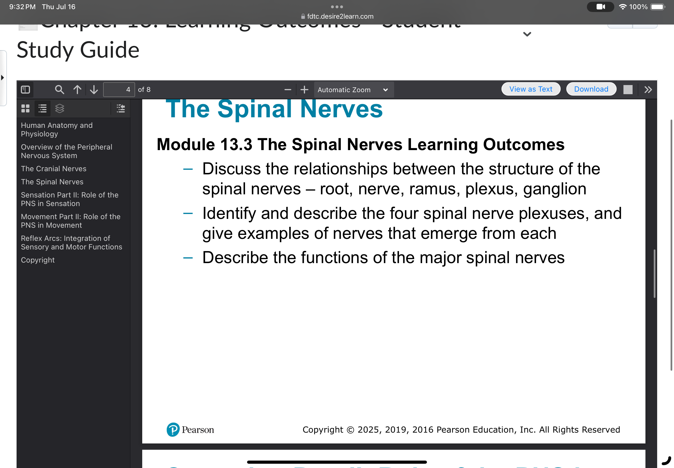 Spinal Nerves Learning Outcomes slide