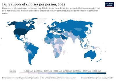 World map of daily supply of calories per person, 2022