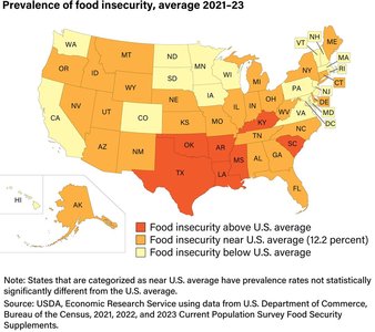 Map of U.S. food insecurity prevalence by state, 2021-23