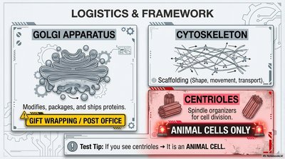 Golgi apparatus, cytoskeleton, and centrioles
