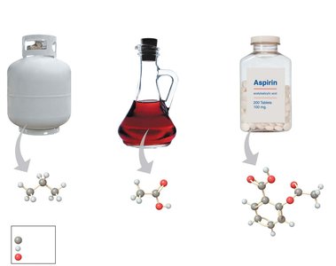 Examples of matter: gas cylinder, liquid bottle, aspirin tablets with molecular models