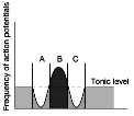 Graph showing lateral inhibition with neurons A, B, and C