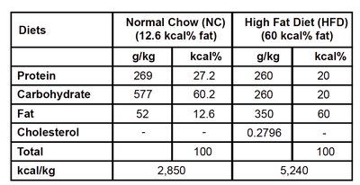 Diet composition table: Normal Chow vs High Fat Diet