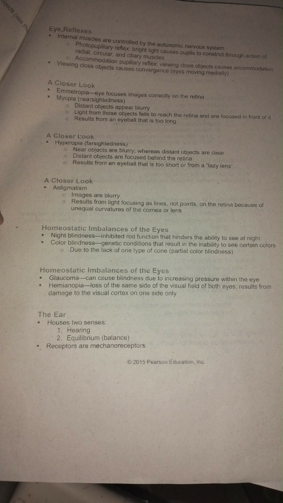 Eye and Ear Reflexes and Disorders notes page