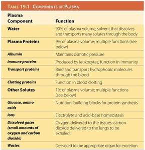 Table of plasma components and functions