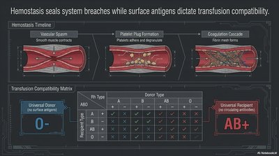 Hemostasis timeline and transfusion compatibility matrix