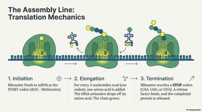 Translation process: initiation, elongation, termination