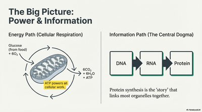 Diagram showing cellular respiration and the central dogma