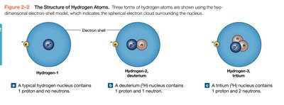 Three forms of hydrogen atoms: hydrogen-1, deuterium, tritium