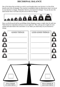 Decisional balance worksheet with scales for weighing pros and cons of behavior change