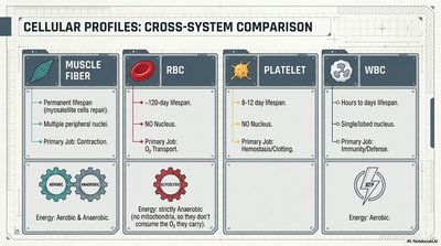Comparison of muscle fiber, RBC, platelet, and WBC