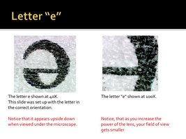 Microscopic view of the letter e at different magnifications, showing inversion and field of view changes