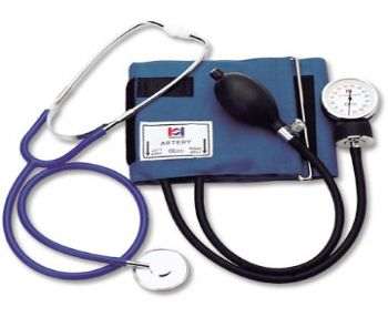 Sphygmomanometer and stethoscope for measuring blood pressure