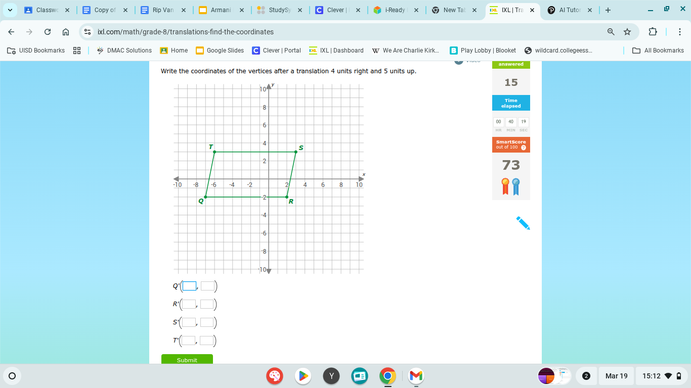A parallelogram on a coordinate grid with vertices Q, R, S, T labeled