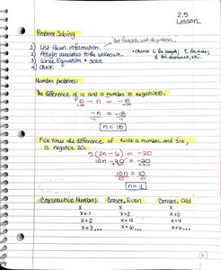 Handwritten notes showing steps for solving word problems and examples of number problems
