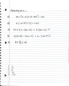 Handwritten notes showing review problems for real numbers and expressions