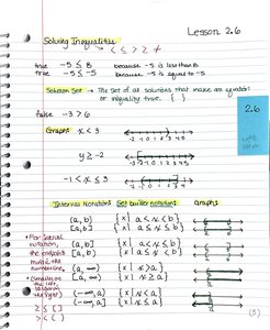 Handwritten notes showing solving inequalities, solution sets, and graphs