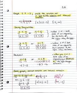 Handwritten notes showing compound inequalities and their graphs