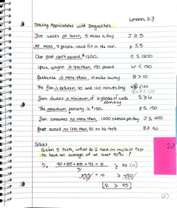Handwritten notes showing applications of inequalities in real-world scenarios