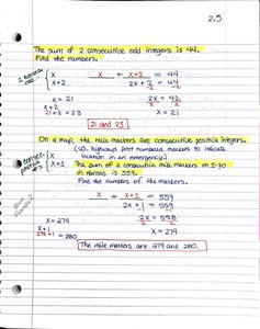 Handwritten notes showing solution for sum of consecutive odd integers and consecutive positive integers