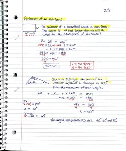 Handwritten notes showing perimeter and angle problems