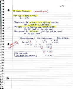 Handwritten notes showing distance formula and example problem