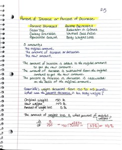 Handwritten notes showing percent increase and decrease calculations
