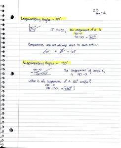 Handwritten notes showing complementary and supplementary angles