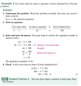 Example 2: Five more than six times a quantity is three hundred five. Find the number.