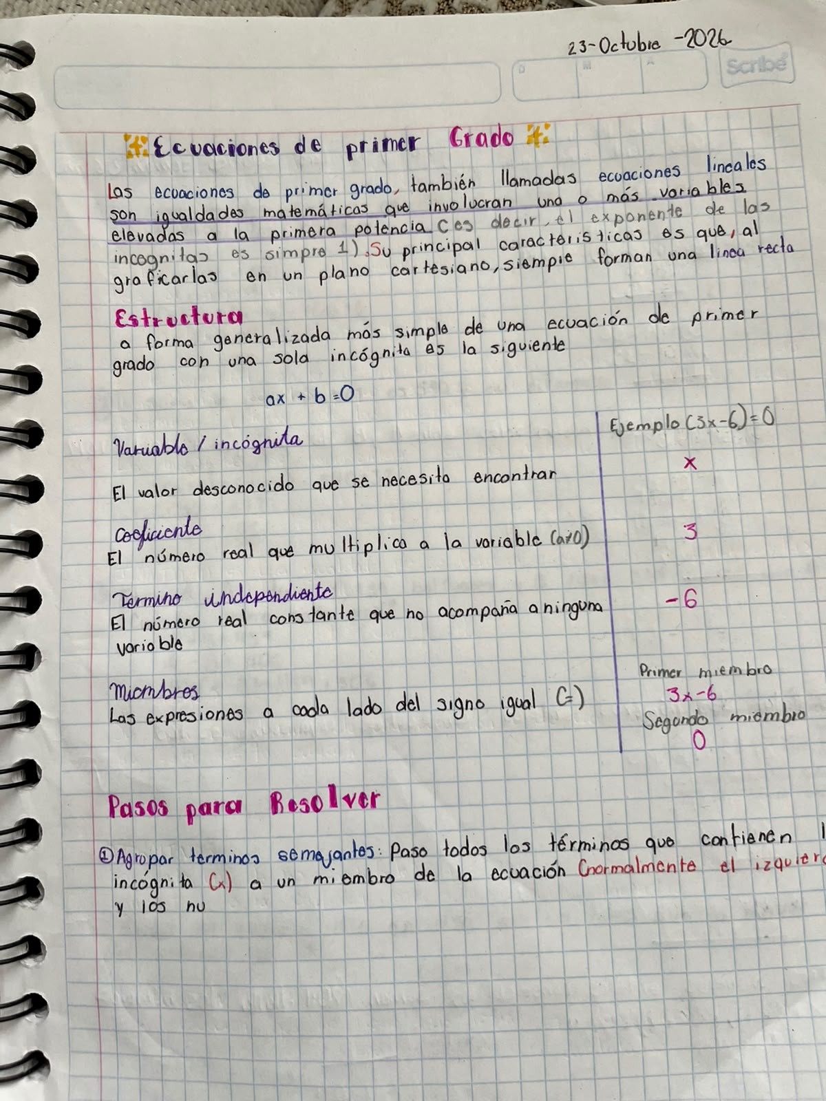 Handwritten notes explaining linear equations of the first degree, their structure, and solution steps