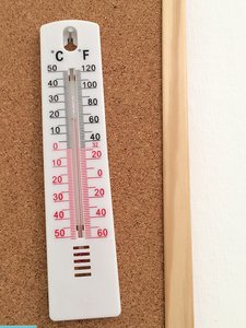A thermometer that measures temperature in both customary and metric units