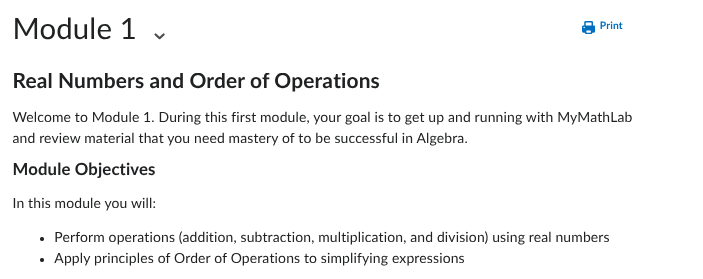 Module 1: Real Numbers and Order of Operations objectives screenshot