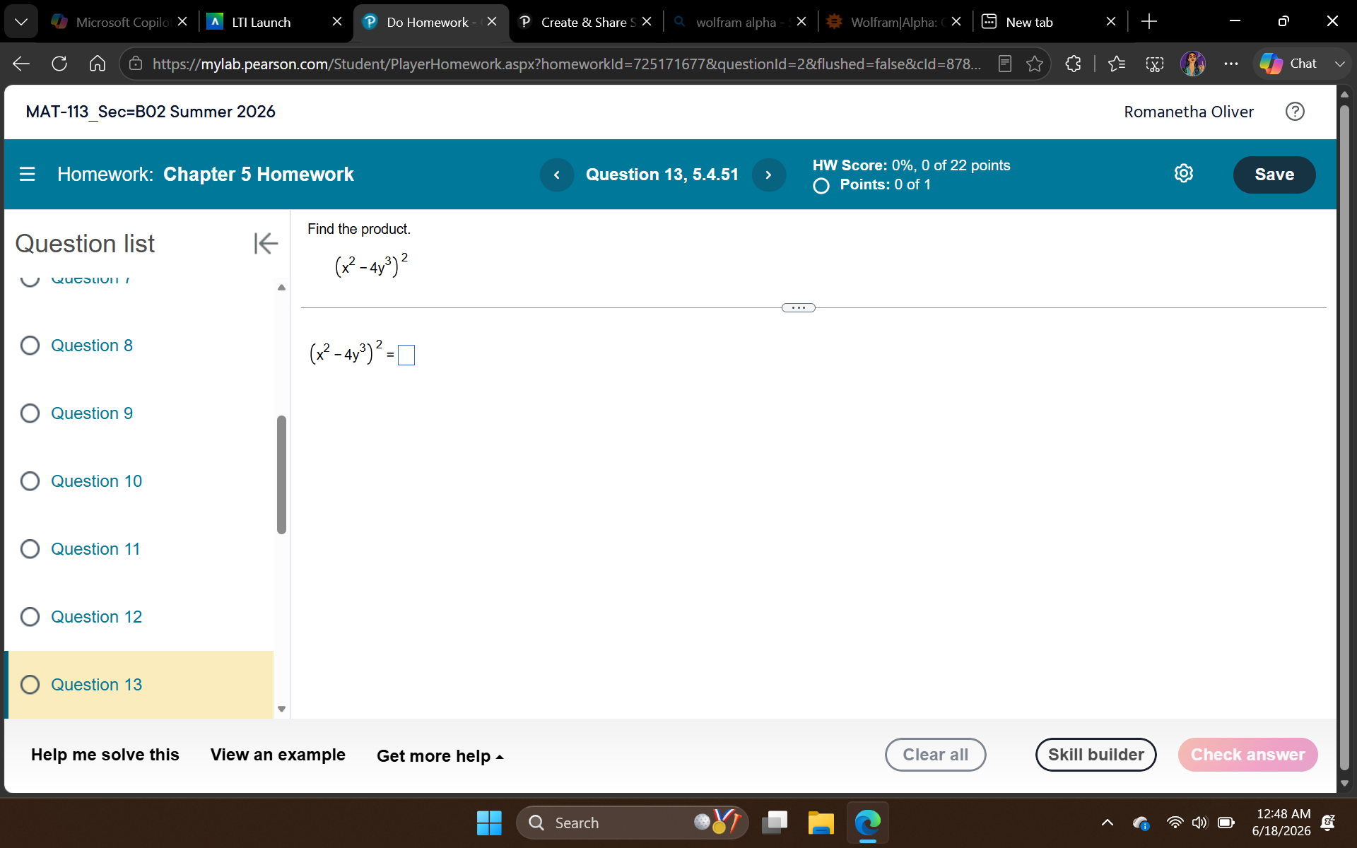 Screenshot of algebra homework question asking to expand (x^2 - 4y^3)^2