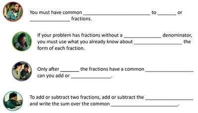 Adding and subtracting fractions with common denominators