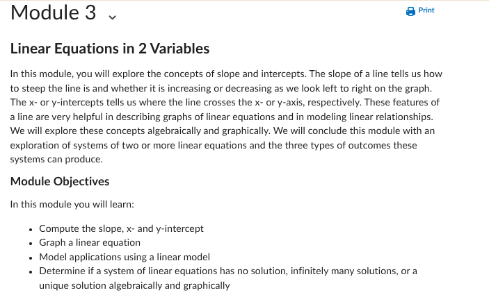 Screenshot of Module 3 objectives and introduction to linear equations in two variables