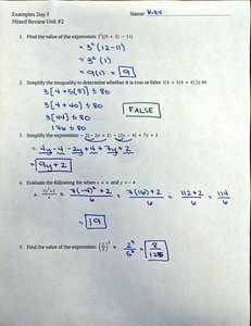 Algebra worksheet with exponent and inequality problems