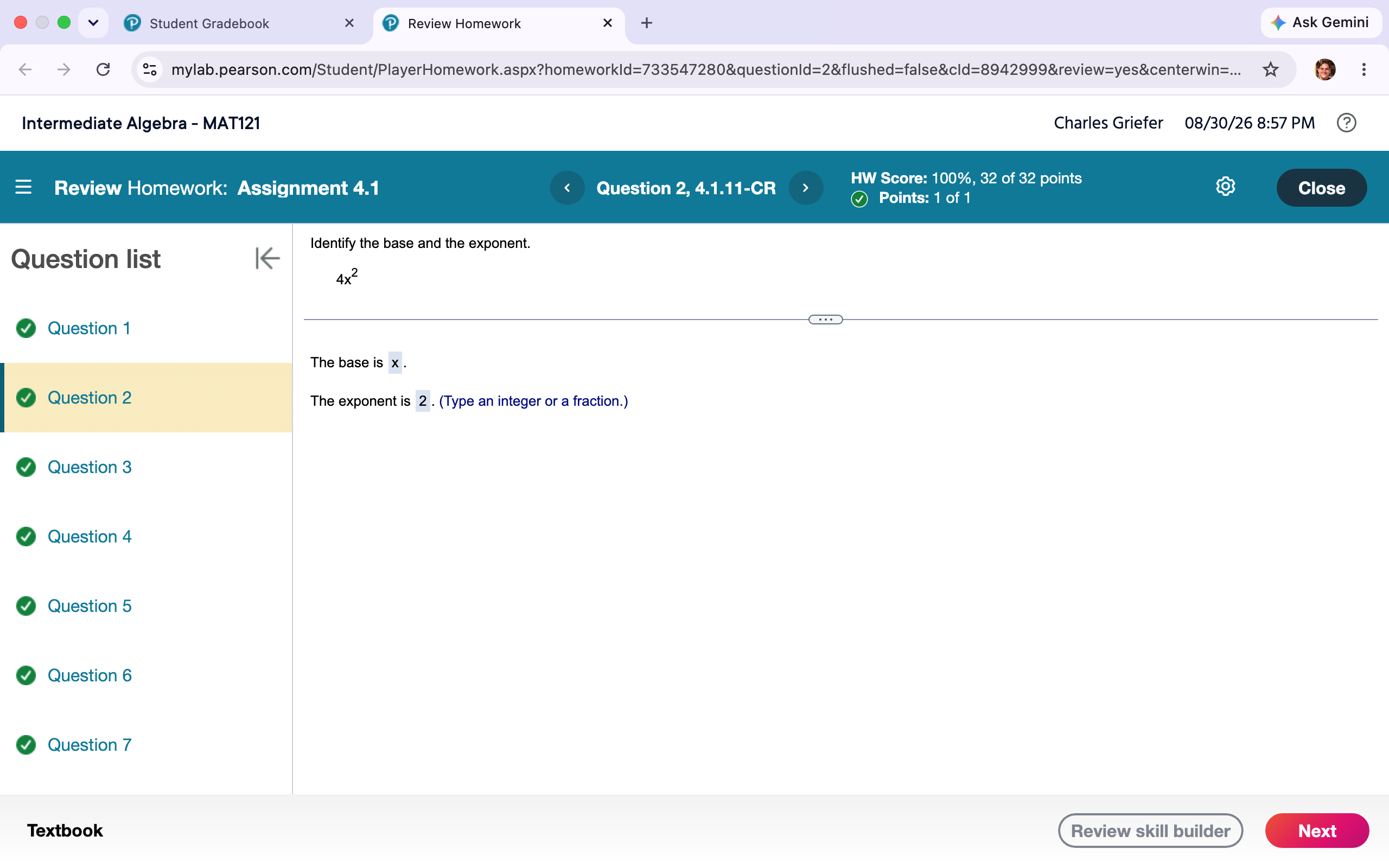 Screenshot of algebra homework question about identifying base and exponent in 4x^2